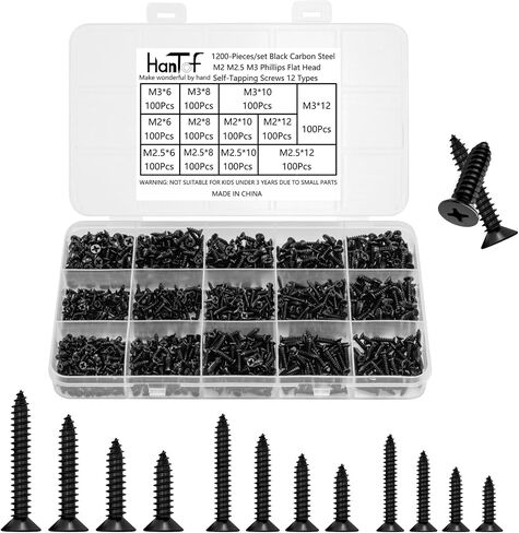 1200pcs أسود براغي النقر على الذات للخشب والبلاستيك والمعادن الناعمة. Phillips Flat Head M2 M2.5 M3 Small Countersunk Tapper Procks Set for DIY Micro Micro Woodworking Pointure. الصلب الكربوني in Kuwait