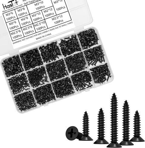 1200pcs أسود براغي النقر على الذات للخشب والبلاستيك والمعادن الناعمة. Phillips Flat Head M2 M2.5 M3 Small Countersunk Tapper Procks Set for DIY Micro Micro Woodworking Pointure. الصلب الكربوني in Kuwait