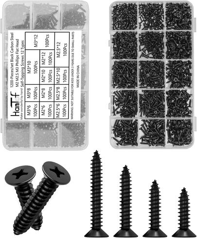 1200pcs أسود براغي النقر على الذات للخشب والبلاستيك والمعادن الناعمة. Phillips Flat Head M2 M2.5 M3 Small Countersunk Tapper Procks Set for DIY Micro Micro Woodworking Pointure. الصلب الكربوني in Kuwait