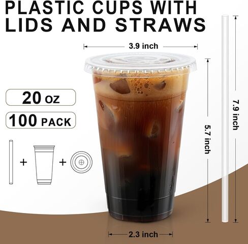 Lamosi 100 Pack 20 OZ Clear Plastic Cups with Lids and Straws, Disposable Iced Coffee Cups with Lids for To-Go Cold Drinks, Smoothies and Slushie in Saudi Arabia