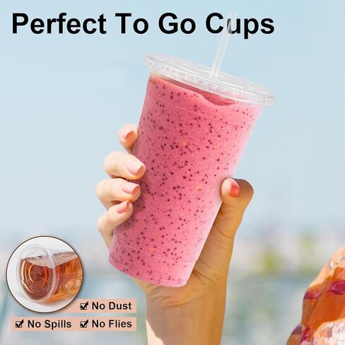 Lamosi 100 Pack 20 OZ Clear Plastic Cups with Lids and Straws, Disposable Iced Coffee Cups with Lids for To-Go Cold Drinks, Smoothies and Slushie in Saudi Arabia
