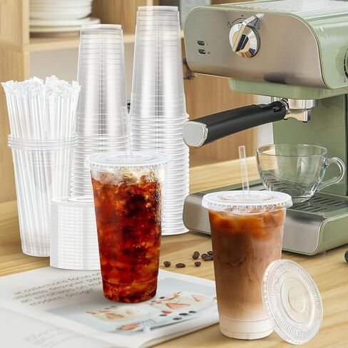 Lamosi 100 Pack 20 OZ Clear Plastic Cups with Lids and Straws, Disposable Iced Coffee Cups with Lids for To-Go Cold Drinks, Smoothies and Slushie in Saudi Arabia