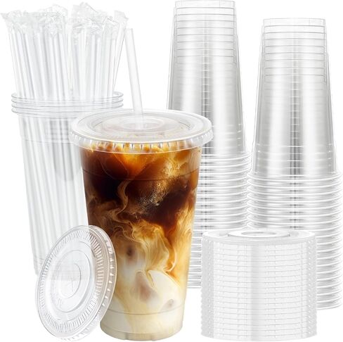 Lamosi 100 Pack 20 OZ Clear Plastic Cups with Lids and Straws, Disposable Iced Coffee Cups with Lids for To-Go Cold Drinks, Smoothies and Slushie in Saudi Arabia