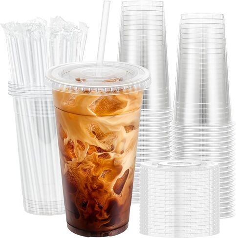 Lamosi 100 Pack 20 OZ Clear Plastic Cups with Lids and Straws, Disposable Iced Coffee Cups with Lids for To-Go Cold Drinks, Smoothies and Slushie in Saudi Arabia