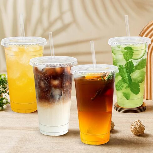 Lamosi 100 Pack 20 OZ Clear Plastic Cups with Lids and Straws, Disposable Iced Coffee Cups with Lids for To-Go Cold Drinks, Smoothies and Slushie in Saudi Arabia