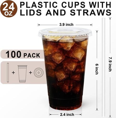 Lamosi 100 Pack 20 OZ Clear Plastic Cups with Lids and Straws, Disposable Iced Coffee Cups with Lids for To-Go Cold Drinks, Smoothies and Slushie in Saudi Arabia