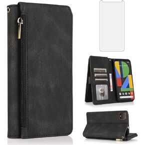 ASUWISH متوافق مع Google Pixel 4 Wallet Case Glass Screen Protector و Zipper Retro Leather Flip Cover Card Association Stand Cell Assories for Pixel4 Pixle Four Women Men in Kuwait
