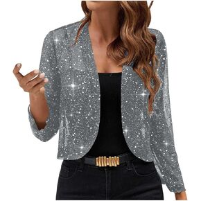 كارديجان للترتر النسائي غير الرسمي الطويل الأكمام البريقية فتحة مفتوحة السترة الأمامية خفيفة الوزن الخروج معاطف ألوان صلبة in Kuwait
