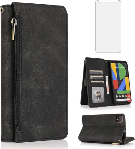 ASUWISH متوافق مع Google Pixel 4 Wallet Case Glass Screen Protector و Zipper Retro Leather Flip Cover Card Association Stand Cell Assories for Pixel4 Pixle Four Women Men in Kuwait