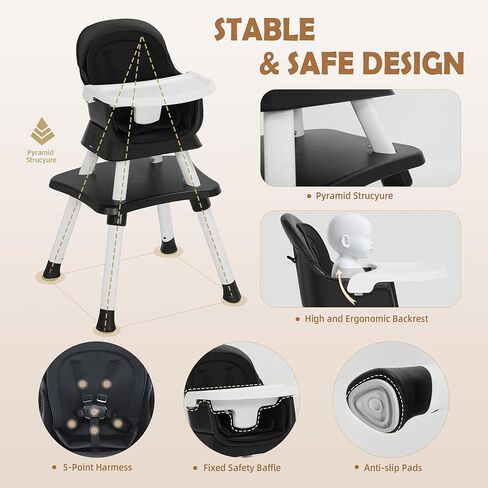 Baby High Chair, 8 in 1 Convertible Highchairs for Babies and Toddlers, Children Dining Booster Seat/Kids Building Block Table for Girls Boys, Baby Seat with Removable Tray, Black in Kuwait