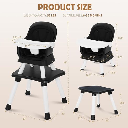 Baby High Chair, 8 in 1 Convertible Highchairs for Babies and Toddlers, Children Dining Booster Seat/Kids Building Block Table for Girls Boys, Baby Seat with Removable Tray, Black in Kuwait