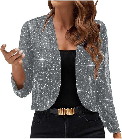كارديجان للترتر النسائي غير الرسمي الطويل الأكمام البريقية فتحة مفتوحة السترة الأمامية خفيفة الوزن الخروج معاطف ألوان صلبة in Kuwait