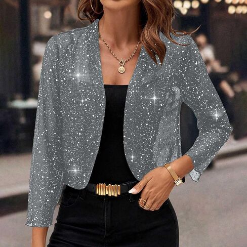 كارديجان للترتر النسائي غير الرسمي الطويل الأكمام البريقية فتحة مفتوحة السترة الأمامية خفيفة الوزن الخروج معاطف ألوان صلبة in Kuwait