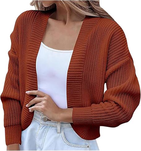 Womens Long Sleeve Open Front Knit Cropped Cardigan Sweaters Casual Drop Shoulder Short Shrugs Sweater Coat for Dress in Kuwait