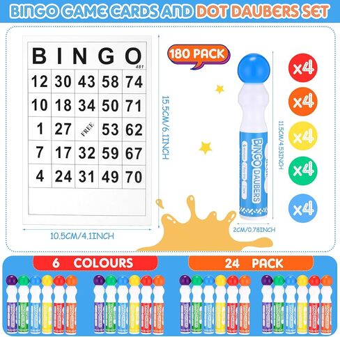 Crtiin 204 Pack Bingo Game Cards and Bingo Daubers Set Includes 180 Disposable Paper Game Sheets, 24 Mixed Colors Dot Markers Party Supplies for Card Games Activity Family Gathering Night in Saudi Arabia