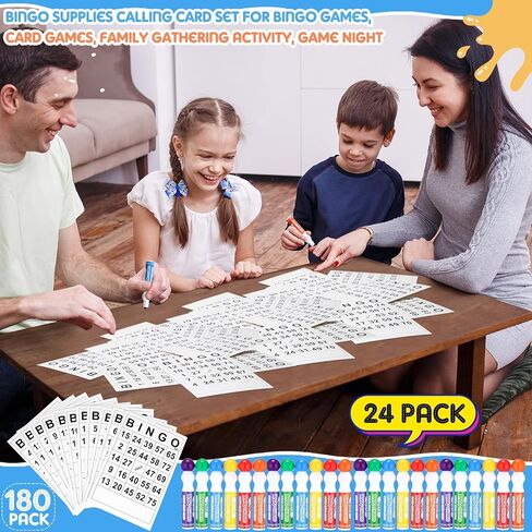 Crtiin 204 Pack Bingo Game Cards and Bingo Daubers Set Includes 180 Disposable Paper Game Sheets, 24 Mixed Colors Dot Markers Party Supplies for Card Games Activity Family Gathering Night in Saudi Arabia