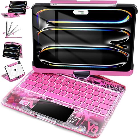 Keyboard Case for iPad Pro 11-inch (M4, 2024), Transparent Cyberpunk Shell, 360° Rotating Multi-Touch Trackpad, 7-Color Backlit Keyboard, Type-C Charging,Snow White in Kuwait