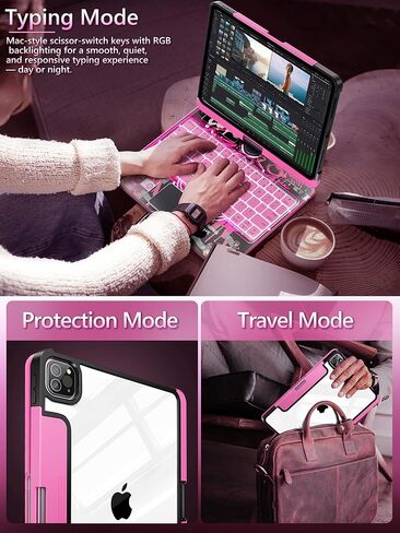 Keyboard Case for iPad Pro 11-inch (M4, 2024), Transparent Cyberpunk Shell, 360° Rotating Multi-Touch Trackpad, 7-Color Backlit Keyboard, Type-C Charging,Snow White in Kuwait