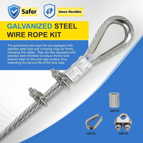3/16 Galvanized Steel Wire Rope 100ft Steel Cable Kit 7x7Aircraft Cable with Stainless Clamp Thimbles Crimping Loop Sleeve, for Clothes Line, Yard Zipline Kit, Anchored Shed Rope,Lights Hanging in Saudi Arabia