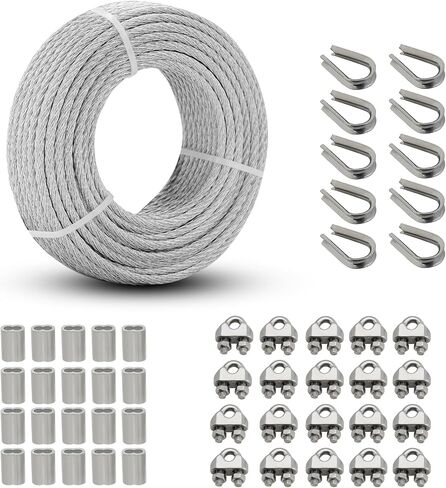 3/16 Galvanized Steel Wire Rope 100ft Steel Cable Kit 7x7Aircraft Cable with Stainless Clamp Thimbles Crimping Loop Sleeve, for Clothes Line, Yard Zipline Kit, Anchored Shed Rope,Lights Hanging in Saudi Arabia