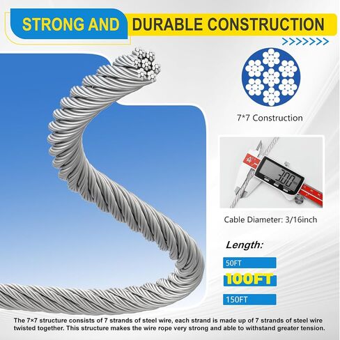 3/16 Galvanized Steel Wire Rope 100ft Steel Cable Kit 7x7Aircraft Cable with Stainless Clamp Thimbles Crimping Loop Sleeve, for Clothes Line, Yard Zipline Kit, Anchored Shed Rope,Lights Hanging in Saudi Arabia