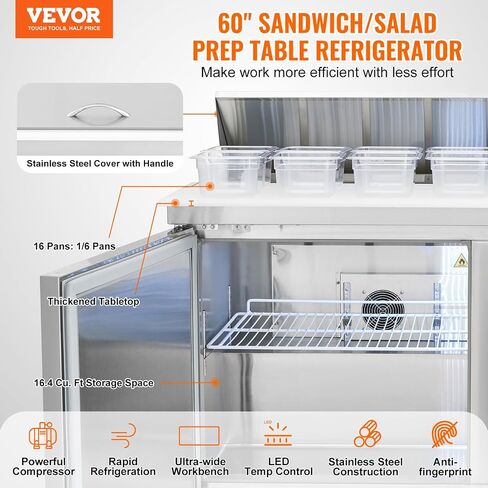 VEVOR 48"W Commercial Refrigerator, 12.5 Cu. Ft Sandwich Prep Refrigerated Table, Mega Top Food Prep Fridge with 12 Pans and Cutting Board, Stainless Steel Salad Prep Cooler for Restaurant, Food Truck in Saudi Arabia
