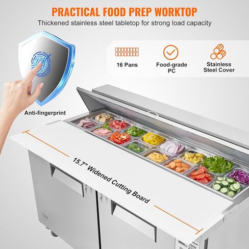 VEVOR 48"W Commercial Refrigerator, 12.5 Cu. Ft Sandwich Prep Refrigerated Table, Mega Top Food Prep Fridge with 12 Pans and Cutting Board, Stainless Steel Salad Prep Cooler for Restaurant, Food Truck in Saudi Arabia