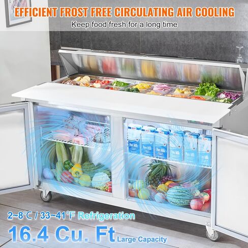 VEVOR 48"W Commercial Refrigerator, 12.5 Cu. Ft Sandwich Prep Refrigerated Table, Mega Top Food Prep Fridge with 12 Pans and Cutting Board, Stainless Steel Salad Prep Cooler for Restaurant, Food Truck in Saudi Arabia