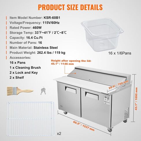 VEVOR 48"W Commercial Refrigerator, 12.5 Cu. Ft Sandwich Prep Refrigerated Table, Mega Top Food Prep Fridge with 12 Pans and Cutting Board, Stainless Steel Salad Prep Cooler for Restaurant, Food Truck in Saudi Arabia