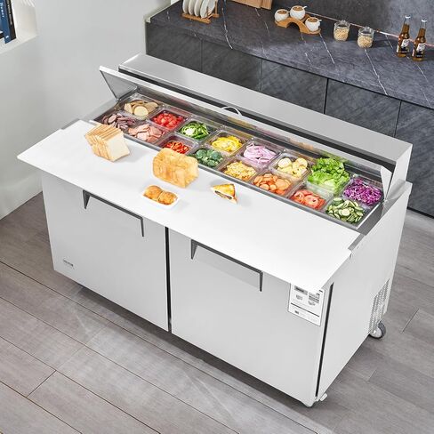 VEVOR 48"W Commercial Refrigerator, 12.5 Cu. Ft Sandwich Prep Refrigerated Table, Mega Top Food Prep Fridge with 12 Pans and Cutting Board, Stainless Steel Salad Prep Cooler for Restaurant, Food Truck in Saudi Arabia
