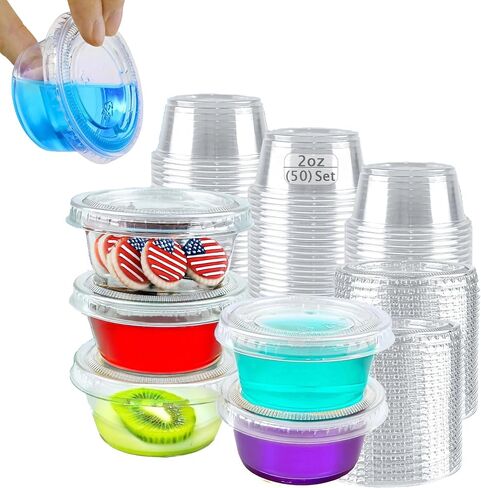 Plastic Portion Cups with Lids [2 oz, 50 Sets] Disposable, Leak-Proof, Transparent, Round, Minimalist, Ideal for Meal Prep, Jello Shots, Condiments, Dipping Sauces, Food Service in Saudi Arabia