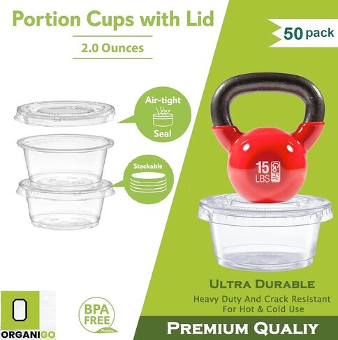 Plastic Portion Cups with Lids [2 oz, 50 Sets] Disposable, Leak-Proof, Transparent, Round, Minimalist, Ideal for Meal Prep, Jello Shots, Condiments, Dipping Sauces, Food Service in Saudi Arabia