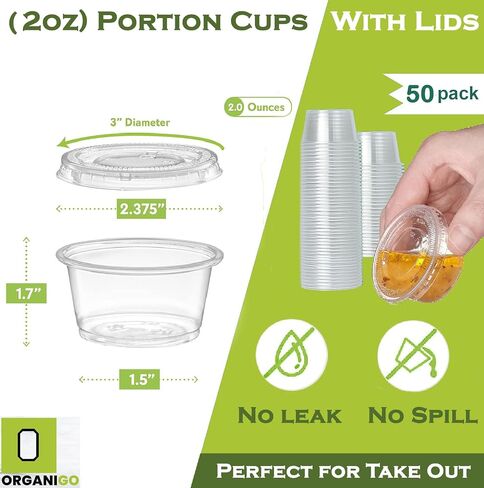 Plastic Portion Cups with Lids [2 oz, 50 Sets] Disposable, Leak-Proof, Transparent, Round, Minimalist, Ideal for Meal Prep, Jello Shots, Condiments, Dipping Sauces, Food Service in Saudi Arabia
