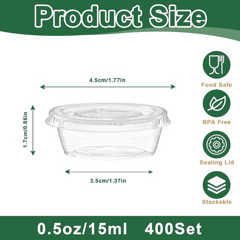 400 Pack 0.5 Oz Disposable Plastic Portion Cups with Lids, Small Jello Shot Cups, Plastic Containers Souffle Cup Condiment Containers with Lids Sauce Cups for Salad Dressing and Meal Prep- 0.5oz/15ml in Saudi Arabia