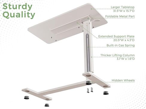 طاولة طي قابلة للطي مع عجلات ، طاولة سرير طبية قابلة للارتقاء من الغاز ، ومكتب كمبيوتر محمول كبير متداول ، يتساقط لأسفل لسهولة التخزين والمستشفى والمنزل (31.5 "W × 15.7" د ، أبيض) in Kuwait