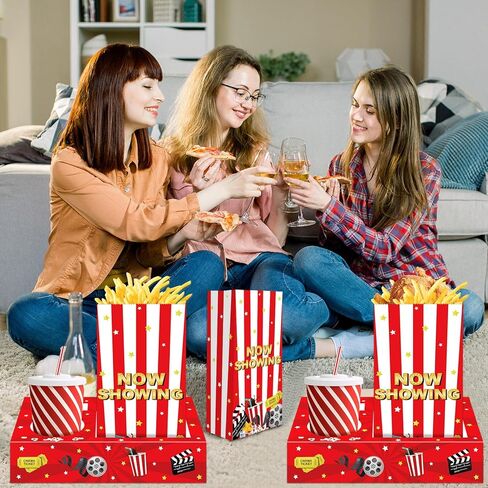 فيلم Night Movie Movie Snack Trays 48pcs تشمل 24 فيلماً من صواني الوجبات الخفيفة ، 24 أكياس من الفشار فيلما اللوازم الليلية مربعات المسرح للسينما ورقة مشروب قوارب الطعام للعائلة in Kuwait