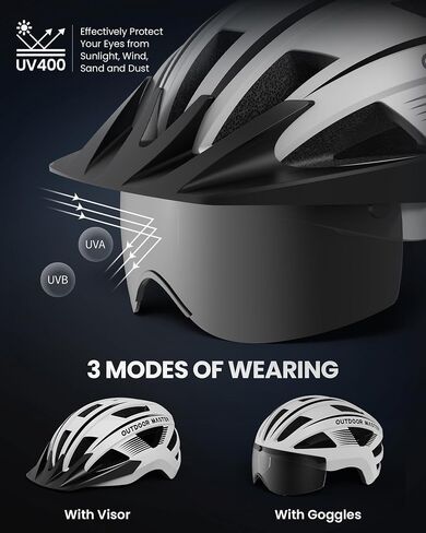 OutdoorMaster Adult Bike Helmet - Bicycle Helmet with Rechargeable Rear LED Light, Detachable Magnetic Goggles, Removable Sun Visor - Suitable for Commuting and Cycling for Men and Women in Saudi Arabia