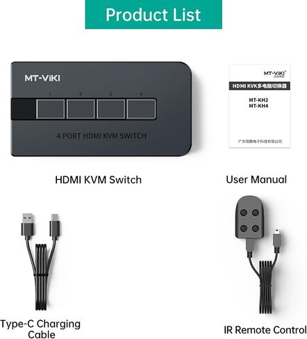 MT-VIKI KVM Switch HDMI 4 Port Boxes, 4K@30Hz USB HDMI KVM Console for 4 PCs Share 1 HD Monitor and Keyboard Mouse, Button + Desktop Selector Switching in Kuwait