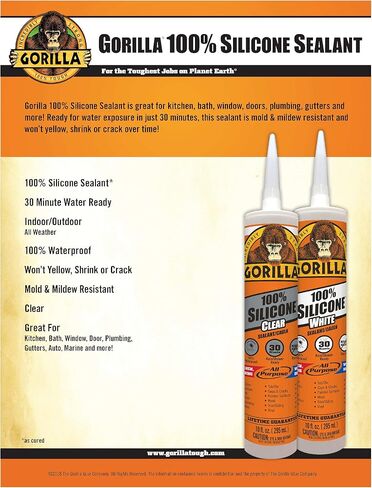 Gorilla Clear 100% Silicone Sealant Caulk, 10 Ounce Cartridge, Clear, (Pack of 12) in Saudi Arabia