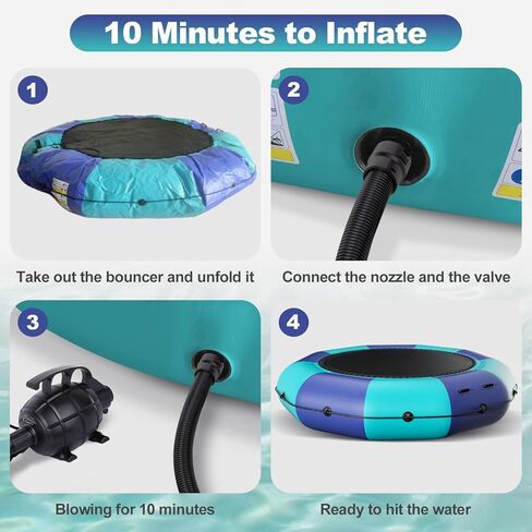 6FT/10FT12FT/15FT Inflatable Water Trampoline, Recreational Water Bouncer, Adults Youth Floating Rebounder with 4-Step Ladder, Portable Bounce Swim Platform for Pool, Lake, Water Sports in Kuwait