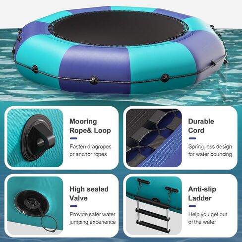 6FT/10FT12FT/15FT Inflatable Water Trampoline, Recreational Water Bouncer, Adults Youth Floating Rebounder with 4-Step Ladder, Portable Bounce Swim Platform for Pool, Lake, Water Sports in Kuwait