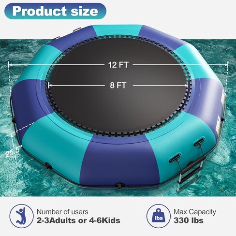 6FT/10FT12FT/15FT Inflatable Water Trampoline, Recreational Water Bouncer, Adults Youth Floating Rebounder with 4-Step Ladder, Portable Bounce Swim Platform for Pool, Lake, Water Sports in Kuwait