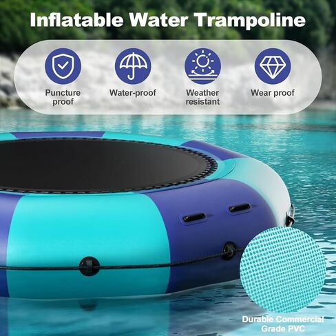 6FT/10FT12FT/15FT Inflatable Water Trampoline, Recreational Water Bouncer, Adults Youth Floating Rebounder with 4-Step Ladder, Portable Bounce Swim Platform for Pool, Lake, Water Sports in Kuwait