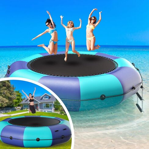 6FT/10FT12FT/15FT Inflatable Water Trampoline, Recreational Water Bouncer, Adults Youth Floating Rebounder with 4-Step Ladder, Portable Bounce Swim Platform for Pool, Lake, Water Sports in Kuwait