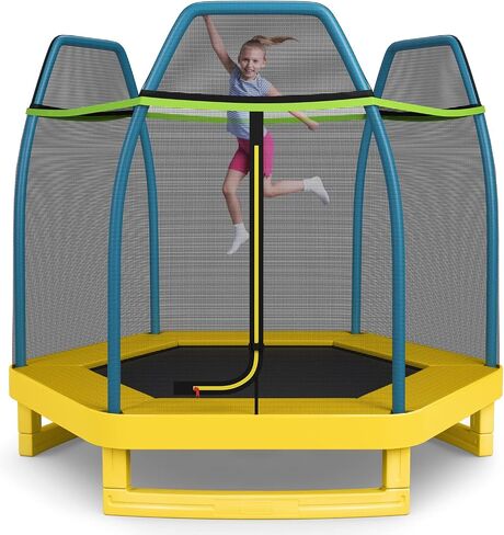 Gymax Trampoline للأطفال ، ترامبولين طفل بطول 7 أقدام مع شبكة حاوية السلامة ووسادة زنبركية سلسة ، ترامبولين صغير في الهواء الطلق للبنين ، الفتيات عمر 3+ in Saudi Arabia