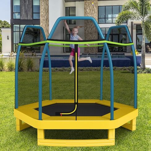 Gymax Trampoline للأطفال ، ترامبولين طفل بطول 7 أقدام مع شبكة حاوية السلامة ووسادة زنبركية سلسة ، ترامبولين صغير في الهواء الطلق للبنين ، الفتيات عمر 3+ in Saudi Arabia