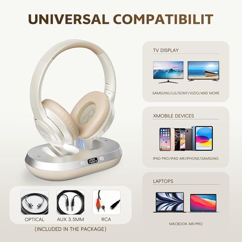 Wireless Headphones for TV,2.4GHz TV Headphones Wireless for Seniors with Transmitter Charging Base, Support Optical,AUX,RCA and USB, High Volume No Audio Delay, Plug and Play, 65hr Playtime in Saudi Arabia