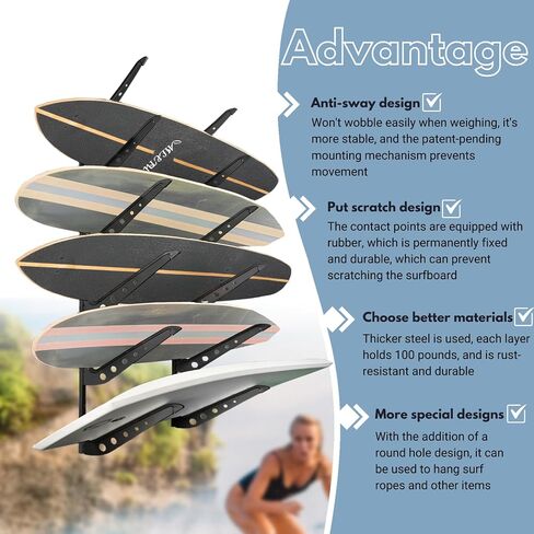 Snowboard Wall Mount, Adjustable 5/6 Board Surfboard Rack, Surfboard Wall Hangers for Surfboard, Wakeboard, and Snowboard Storage at Home or Garage in Saudi Arabia
