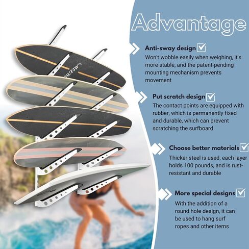 Snowboard Wall Mount, Adjustable 5/6 Board Surfboard Rack, Surfboard Wall Hangers for Surfboard, Wakeboard, and Snowboard Storage at Home or Garage in Saudi Arabia