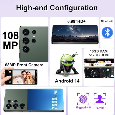 I25 Ultra 5G Unlocked Phones, Built in Pen, 7000mAh Long Battery Life Smartphone, 6.99" HD Screen Unlocked Cell Phone, 8+256GB Phone Android14, Face ID/Fingerprint Lock/Dual SIM/GPS (Green) in Kuwait